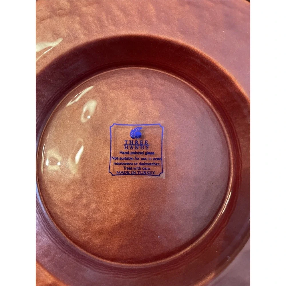 Three Hands Reverse Painted‎ Art Glass Plates Turkey Copper Set 4 Side Salad